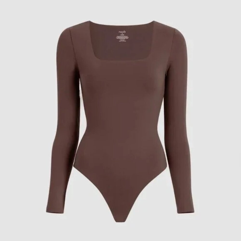 Nuuds Coffee Long Sleeve Square Neck Thong Style Bodysuit - Picture 3 of 10